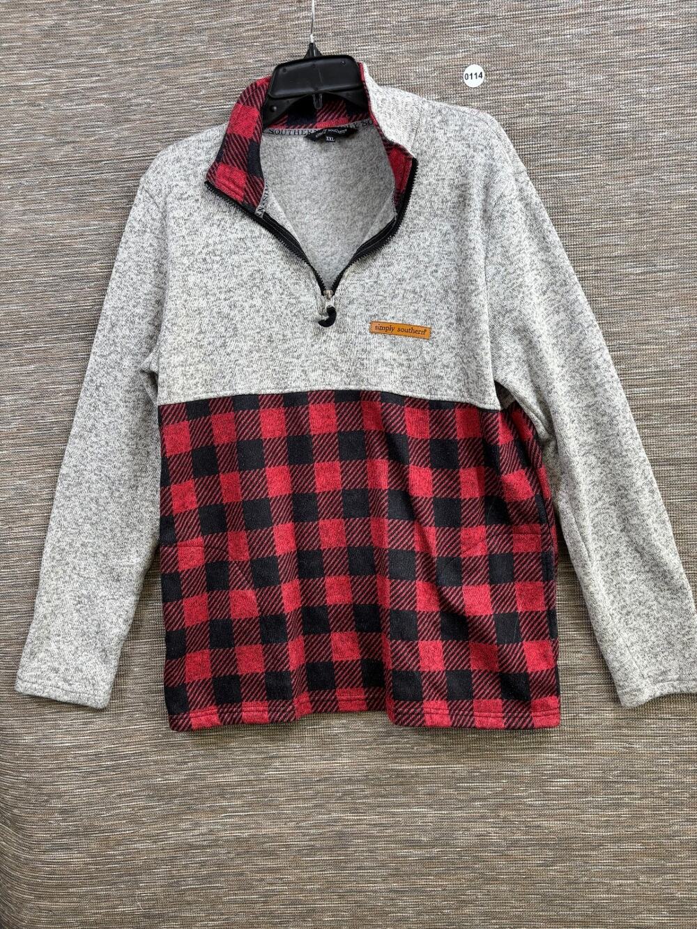 Simply Southern Fleece Pullover Jacket Womens XXL Grey Red Plaid Buffalo Check